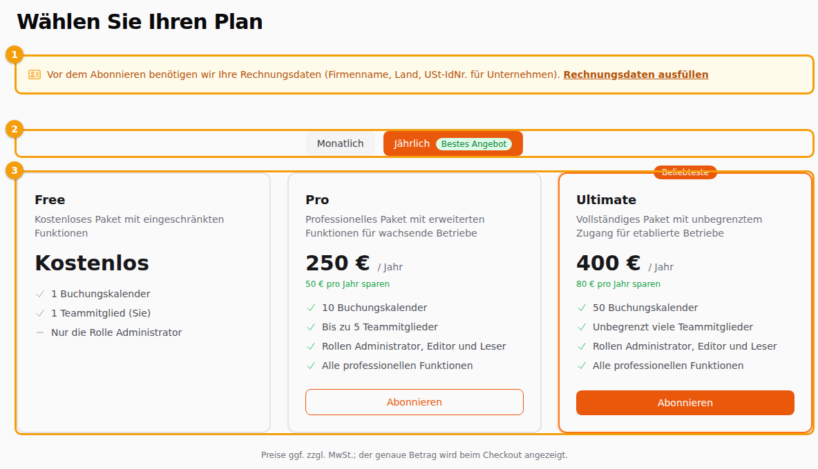Die Seite Plan wählen: der Hinweis zu den Rechnungsdaten (1), der Schalter Monatlich und Jährlich (2) und die drei Tarife (3)
