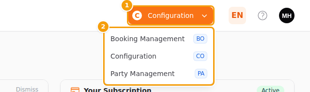 The area button (1) with the list of areas (2)