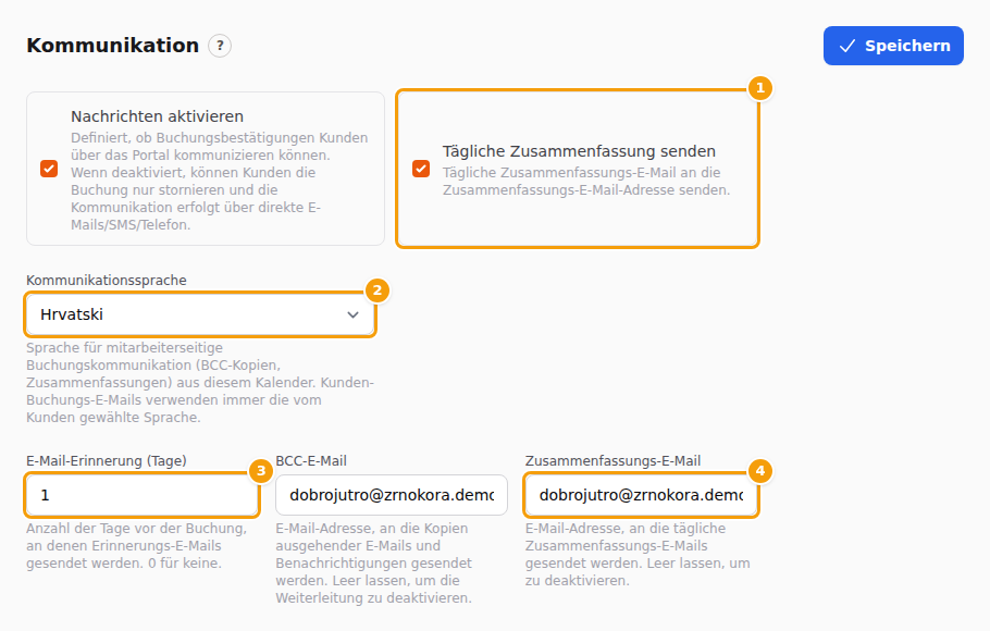 Tägliche Zusammenfassung senden (1), Kommunikationssprache (2), E-Mail-Erinnerung (Tage) (3) und Zusammenfassungs-E-Mail (4)