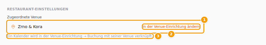 Zugeordneter Standort (1), der Link daneben (2) und die Hinweiszeile (3)