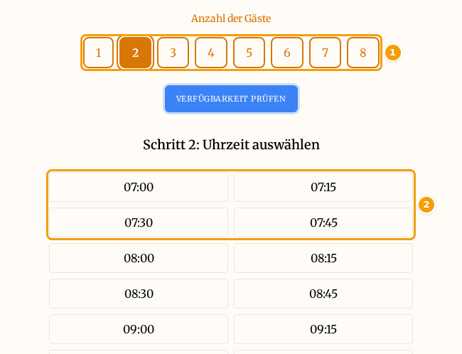 Die Buchungsseite des Gastes: die Anzahl der Gäste (1) und die ersten Startzeiten (2)