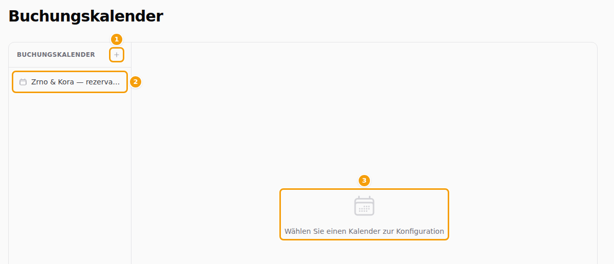 Die Liste der Kalender: die Plus-Schaltfläche (1), ein Kalender (2) und der Hinweis rechts (3)