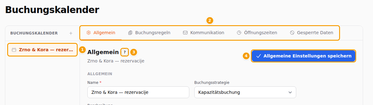 Ein geöffneter Kalender: der Kalender in der Liste (1), die fünf Registerkarten (2), die runde Hilfe-Schaltfläche (3) und die Speichern-Schaltfläche (4)