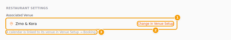 Associated Venue (1), the link next to it (2) and the hint line (3)