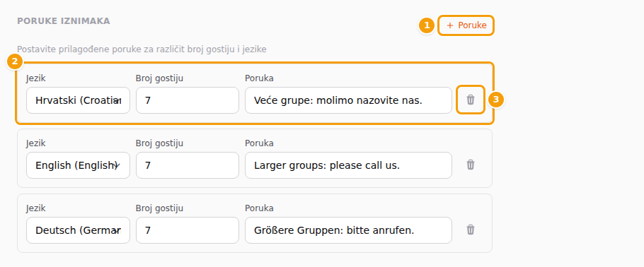 Gumb Poruke (1), jedna poruka s poljima (2) i njezina ikona koša (3)