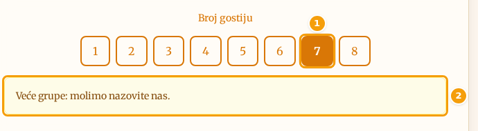 Dodirnut je broj 7 (1) i žuta poruka koja se pojavljuje ispod brojeva (2)
