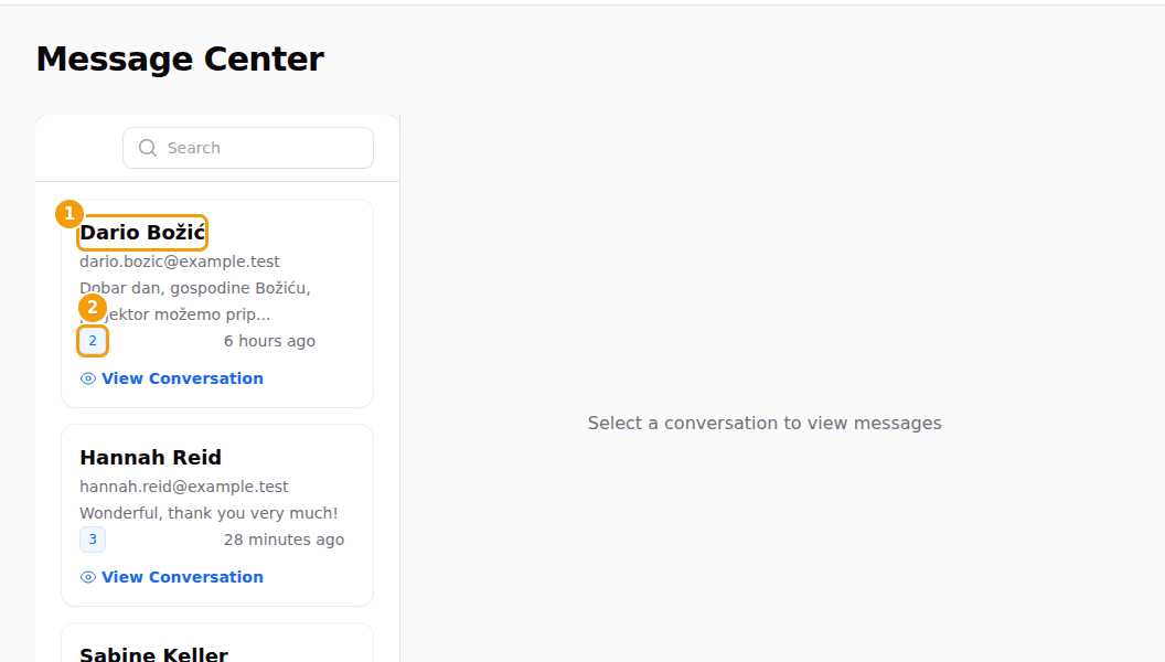 The list of conversations: the guest (1) and the number of messages (2)