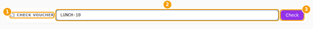 The Check voucher box: its name (1), the field for a code, QR or email (2) and the Check button (3)