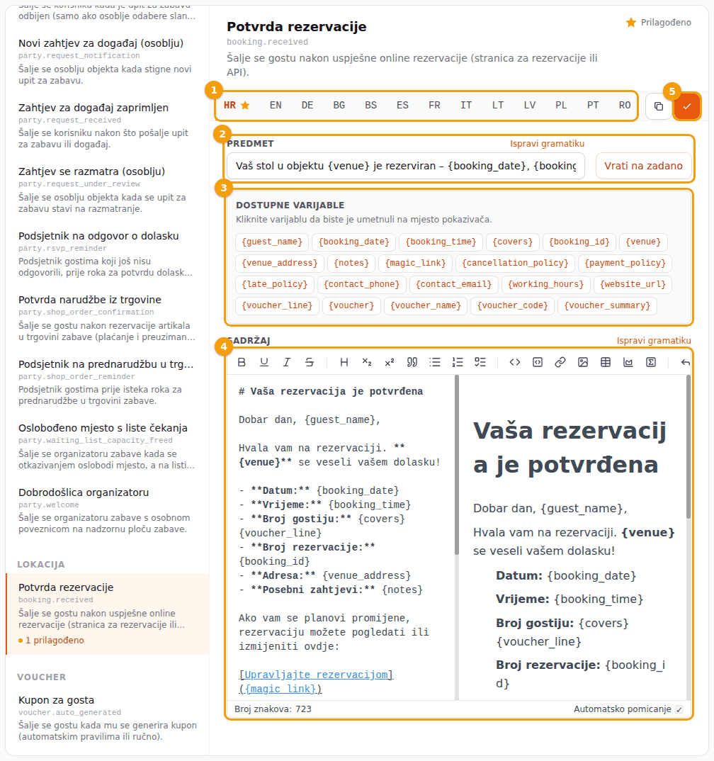 Uređivač: kartice jezika (1), predmet (2), dostupne varijable (3), sadržaj (4) i Spremi (5)