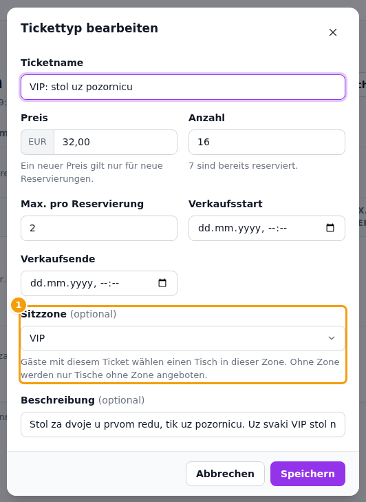 Der Tickettyp mit seiner Sitzzone (1)