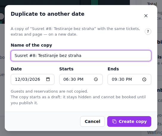The Duplicate dialog with the name of the copy, the date and the times