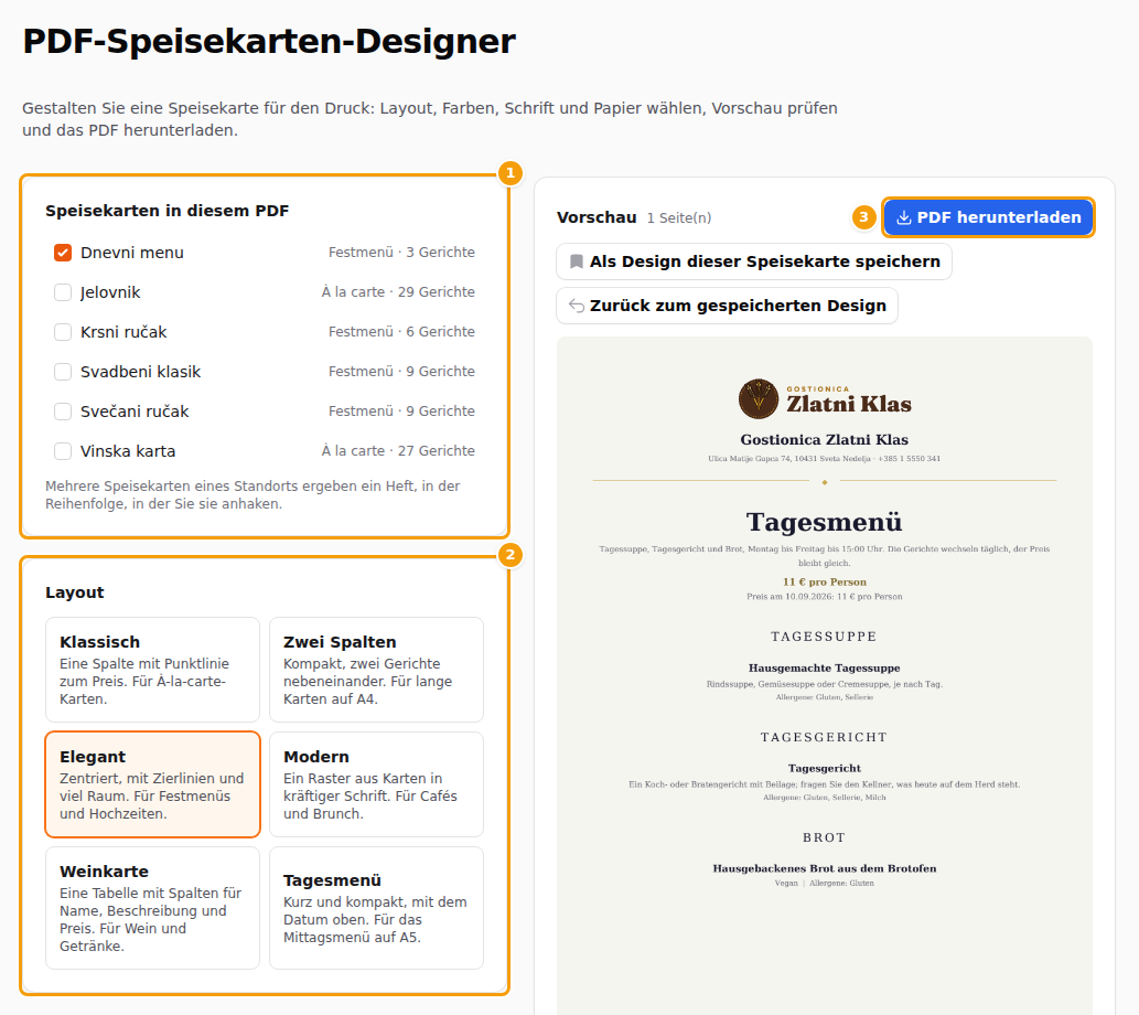 Der Designer: die Karten (1), die Layouts (2) und die Vorschau mit der Schaltfläche PDF herunterladen (3)