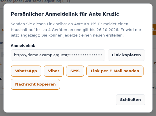 Das Fenster mit dem Anmeldelink: kopieren oder per WhatsApp, Viber, SMS oder E-Mail senden