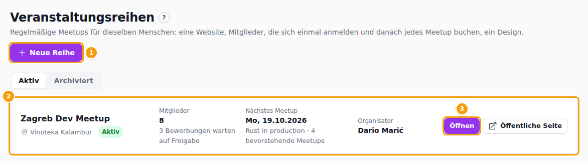 Neue Reihe (1), eine Reihe mit ihren Zahlen (2) und Öffnen (3)