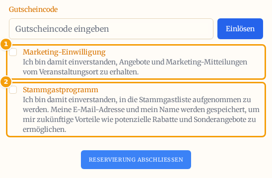 Das Buchungsformular mit dem Kontrollkästchen Marketing-Einwilligung (1) und dem Kontrollkästchen Stammgastprogramm (2)