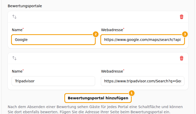 Fügen Sie eine Bewertungsseite hinzu (1), dann ihren Namen (2) und die Webadresse (3)