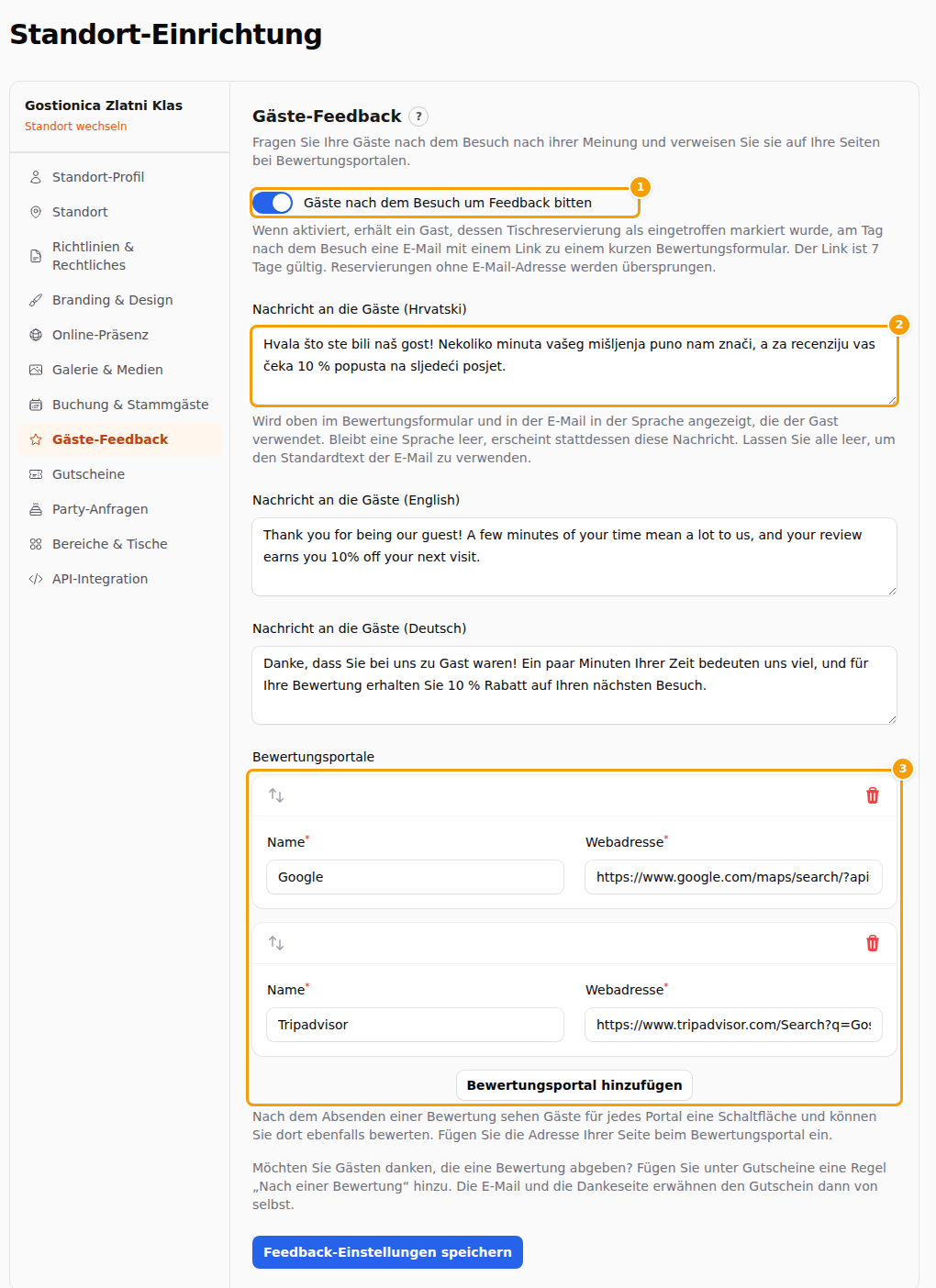 Der Reiter Gäste-Feedback: der Schalter (1), Ihre Nachrichten (2) und die Bewertungsseiten (3)