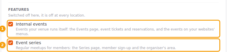 Brand settings, the Features card: Internal events (1) and Event series (2)