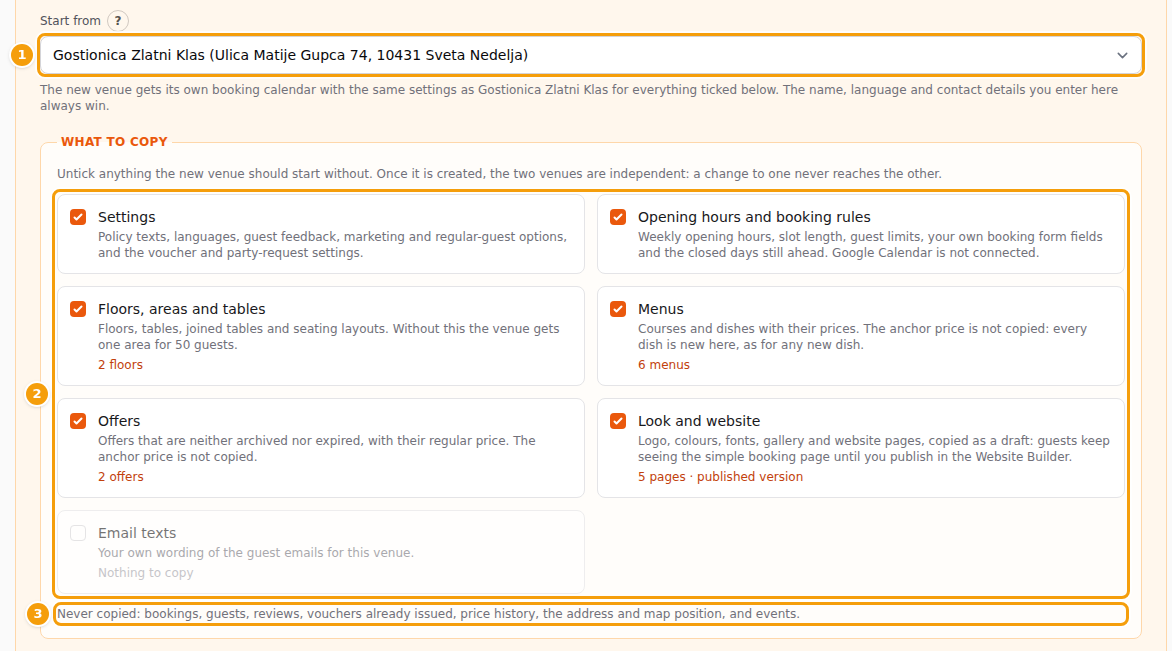 Start from (1) set to a venue to copy, the tick boxes of what to copy (2) and the list of what is never copied (3)