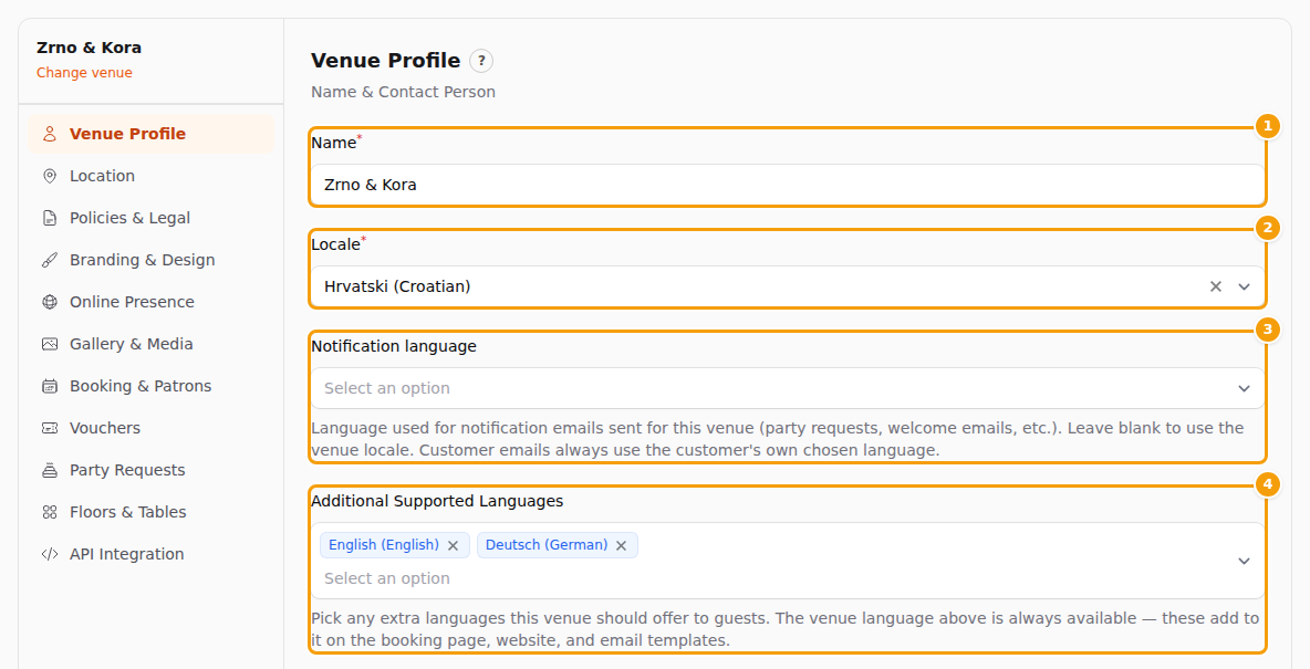 The Venue Profile tab: Name (1), Locale (2), Notification language (3) and Additional Supported Languages (4)
