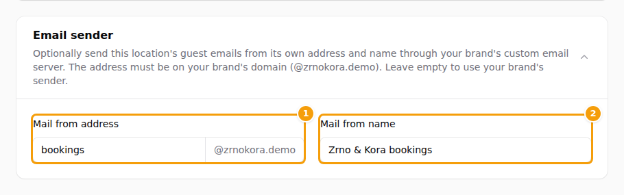 The Email sender section with the custom email server switched on: the address with the fixed domain (1) and the name (2)