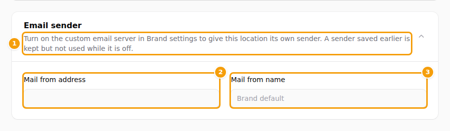 The Email sender section while the custom email server is off: the explanation (1), Mail from address (2) and Mail from name (3) cannot be edited