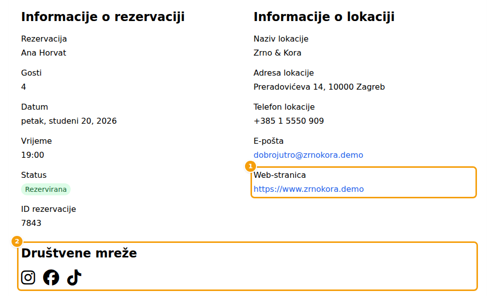 Stranica Detalji rezervacije: redak Web-stranica (1) i ikone u bloku Društvene mreže (2)