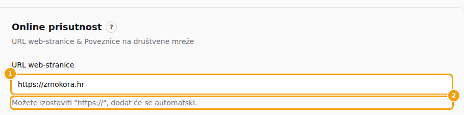 Polje URL web-stranice nakon upisa zrnokora.hr i klika izvan polja: adresa je sada potpuna (1), a ispod nje je napomena (2)