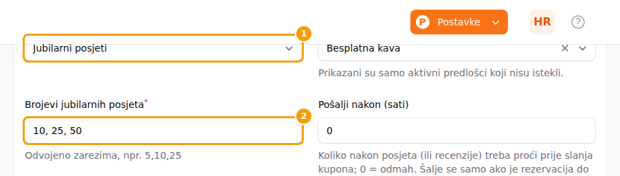Okidač Jubilarni posjeti (1) i njegov popis brojeva posjeta (2)