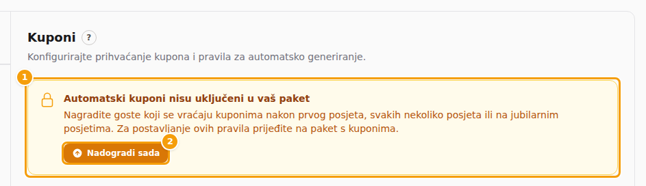 Paket bez kupona: žuta kutija (1) i gumb Nadogradi sada (2)