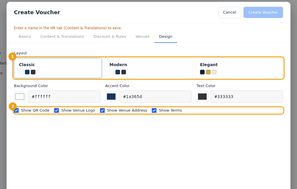 The Design tab: the three layouts (1) and what to show (2)