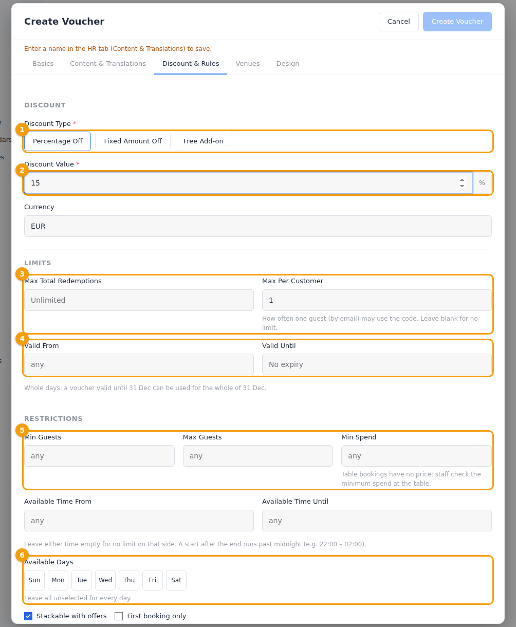 The Discount & Rules tab: the discount type (1) and value (2), the limits (3), the validity (4), the restrictions (5) and the days (6)