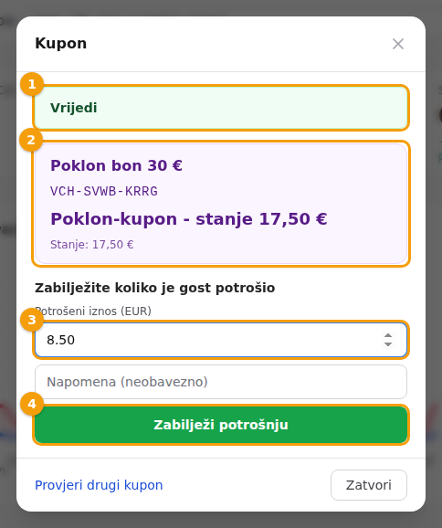 Poklon-kartica: Vrijedi (1), kartica i njezino stanje (2), potrošeni iznos (3) i Zabilježi potrošnju (4)