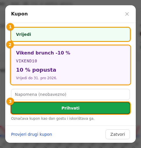 Odgovor za važeći kupon: Vrijedi (1), kupon (2) i Prihvati (3)