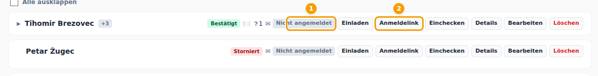 Die Gästeliste: ob sich der Gast angemeldet hat (1) und die Schaltfläche Anmeldelink (2)