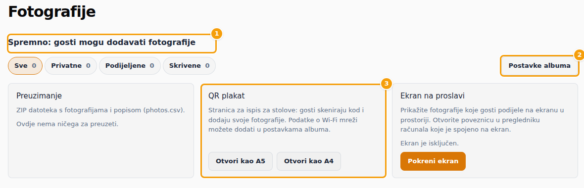 Stranica Fotografije u organizatorskom području: stanje značajke (1), Postavke albuma (2) i QR plakat (3)